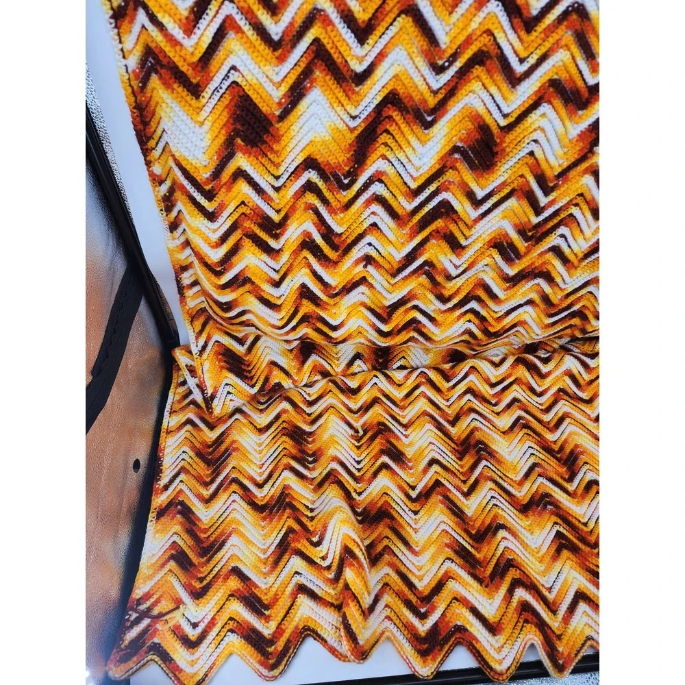 Vintage Handmade Crochet‎ Afghan Blanket Chevron Zig Zag Orange 44x84